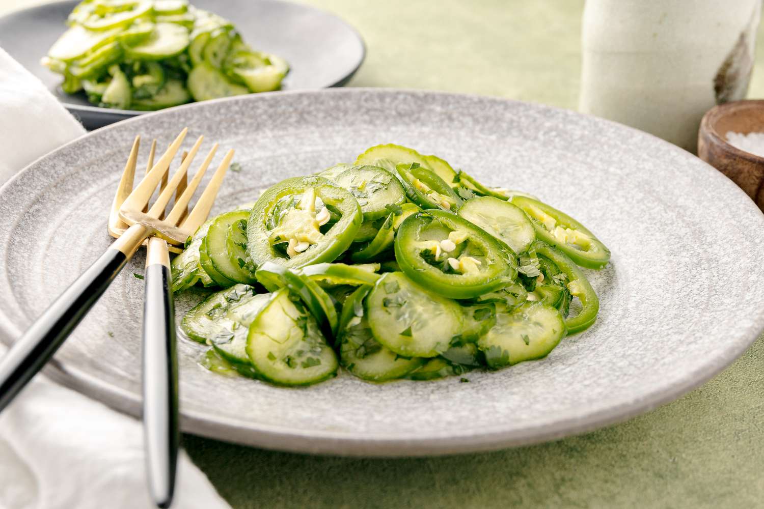 Spicy Cucumber and Jalapeño Salad with Utensils