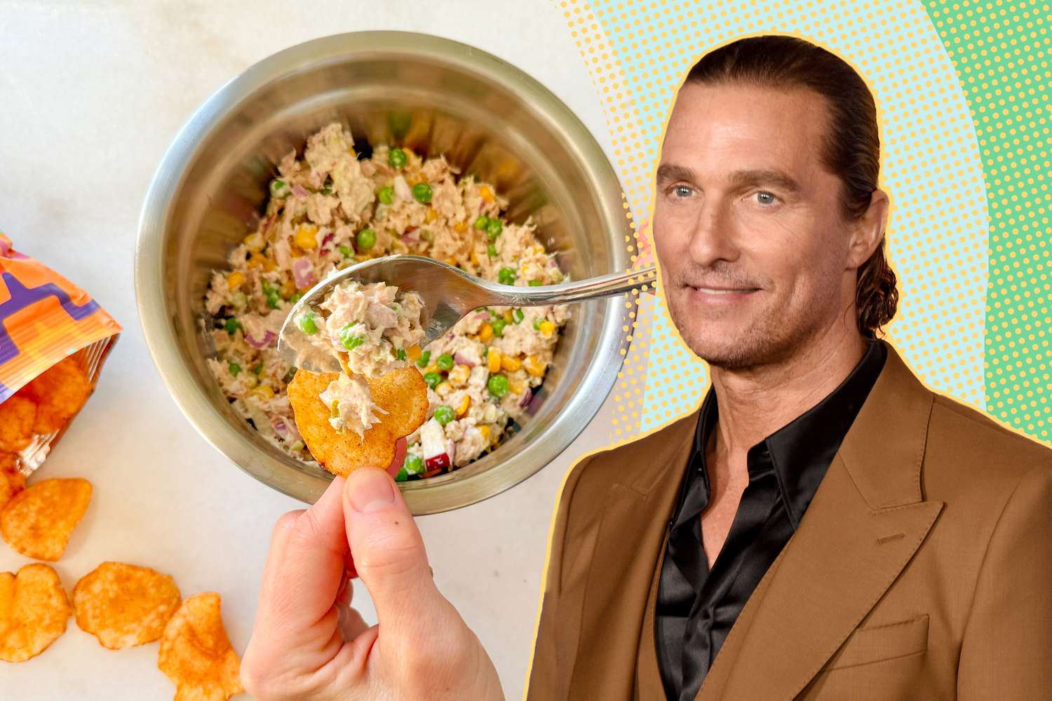 Headshot of Matthew McConaughey next to a photo of tuna salad being scooped onto a potato chip