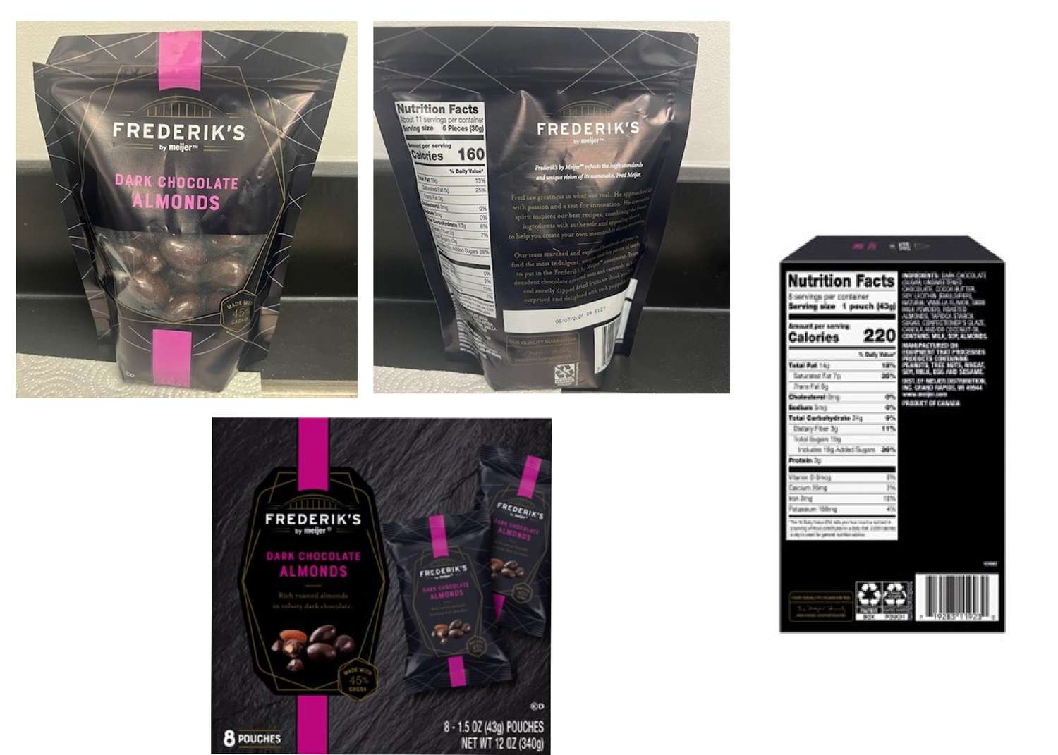 Packaging and nutrition label of Frederik's dark chocolate almonds