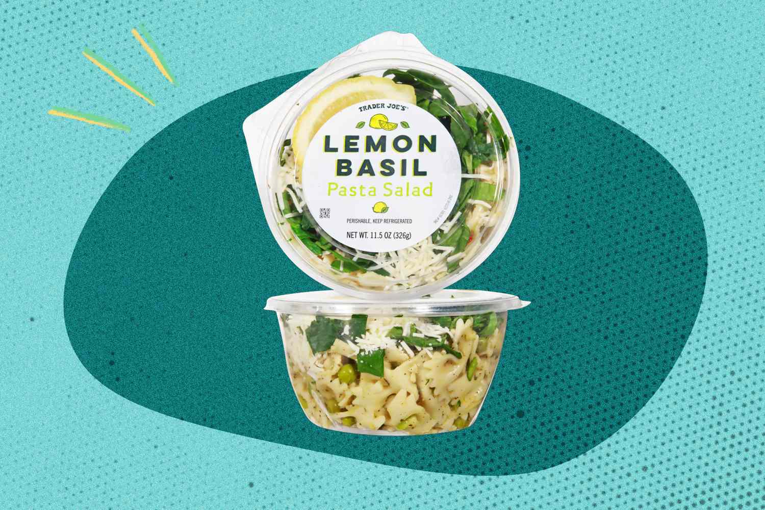 Trader Joe's Lemon Basil Pasta Salad in a clear plastic container against a stylized background