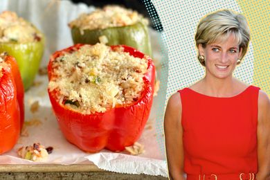 portrait of Princess Diana in the foreground, stuffed peppers in the background