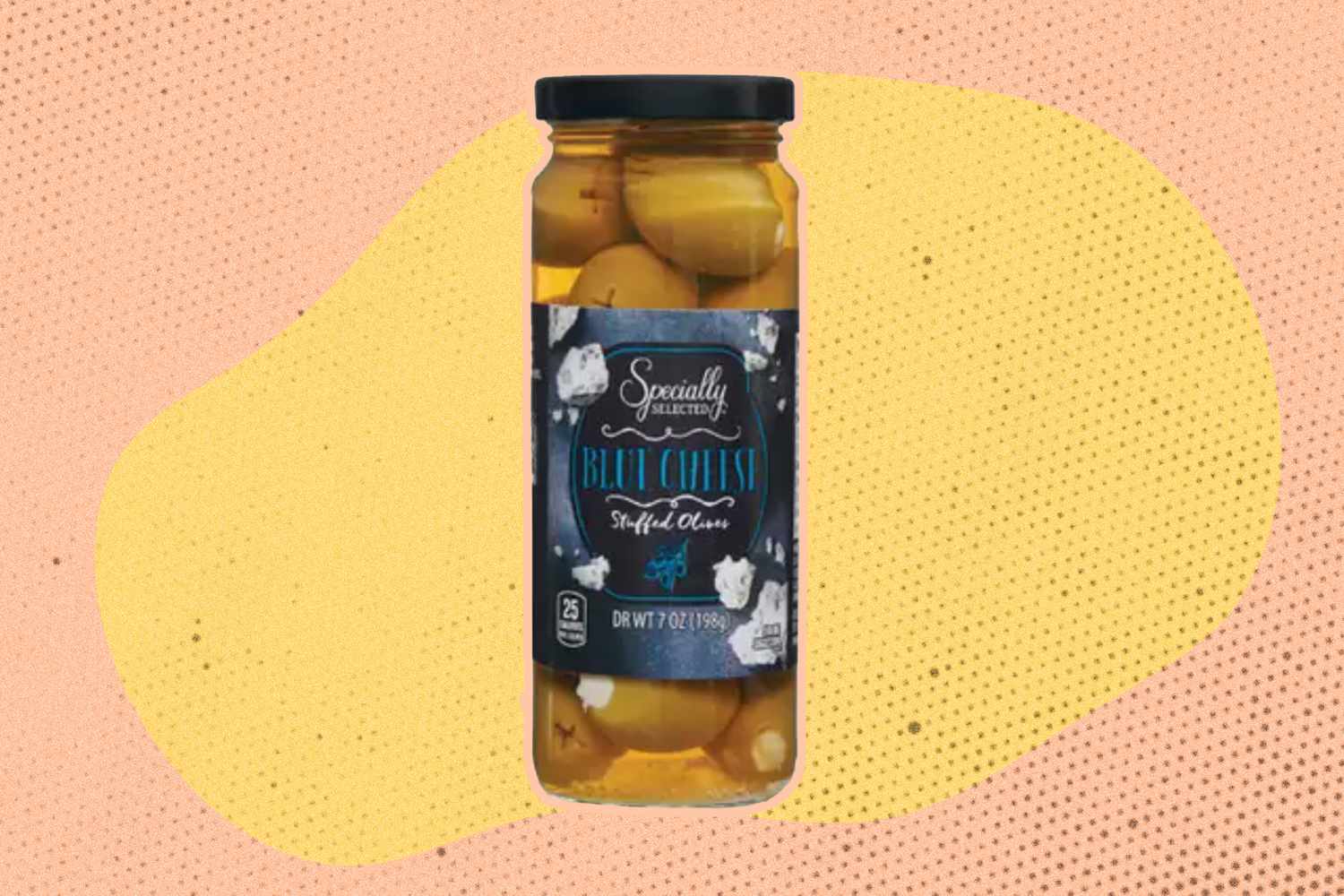 A jar of ALDI Blue Cheese Stuffed Olives on an illustrated background