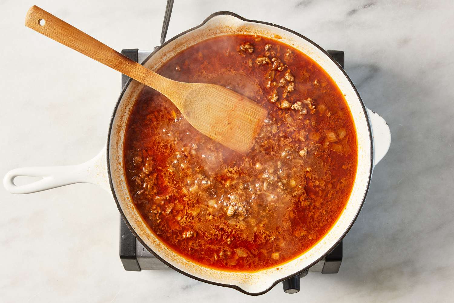 beef broth added to ground beef mixture for homemade hamburger helper recipe