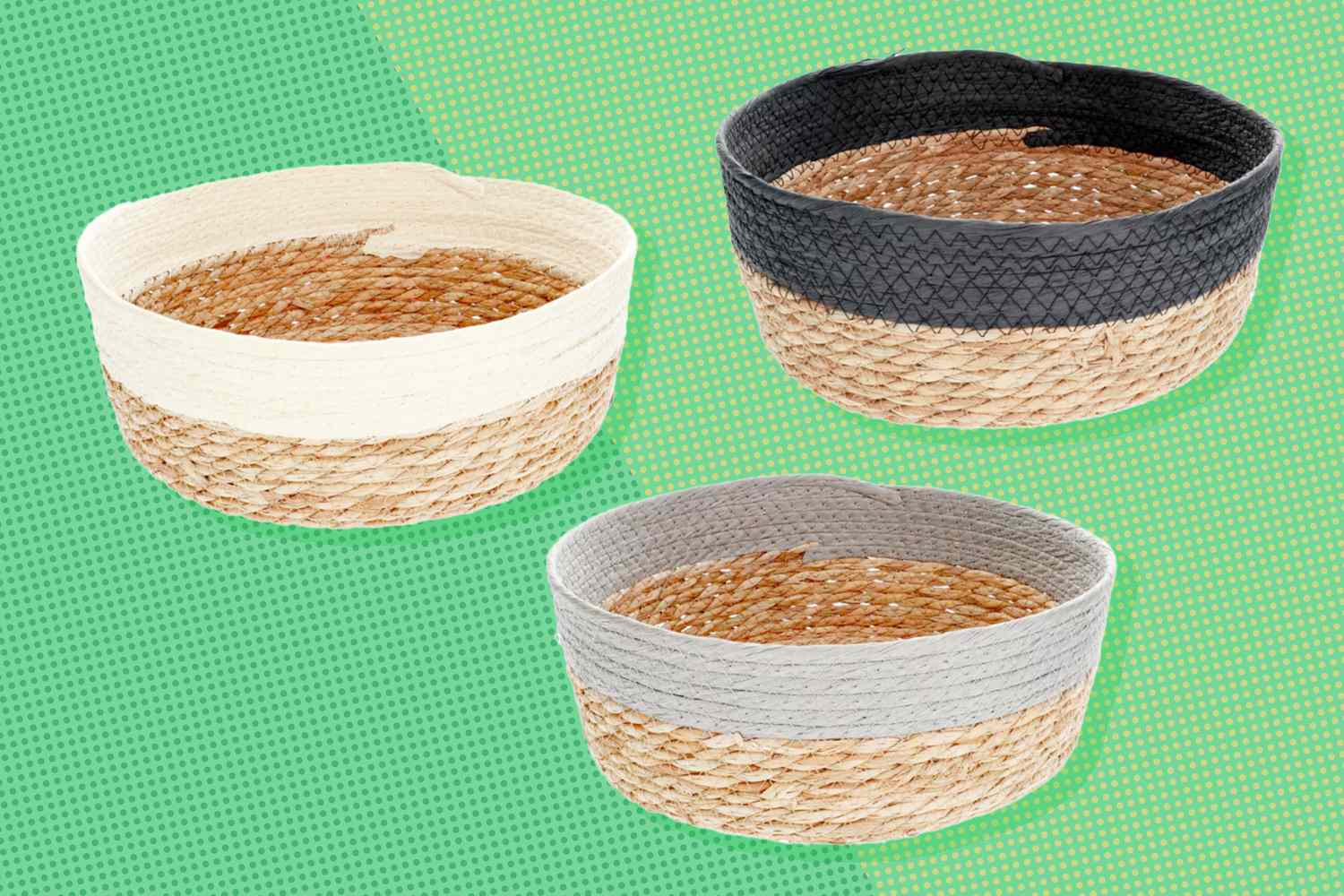Three woven storage baskets with different colored fabric rims