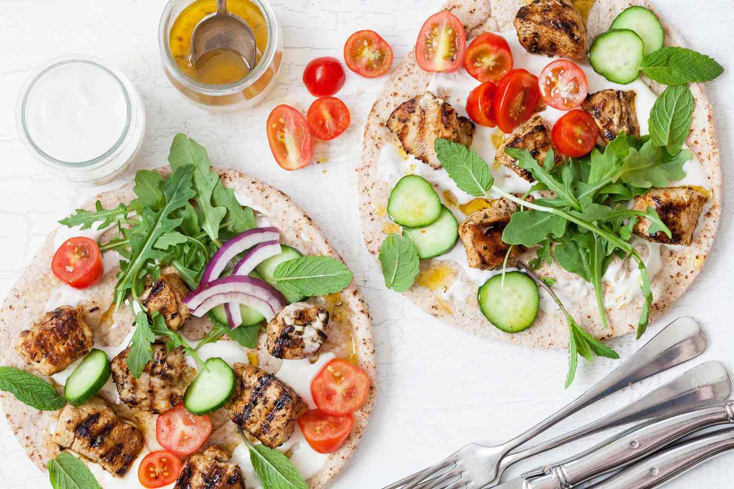 Greek Chicken Skewers with Flatbread and Yogurt Sauce (Chicken Souvlaki)