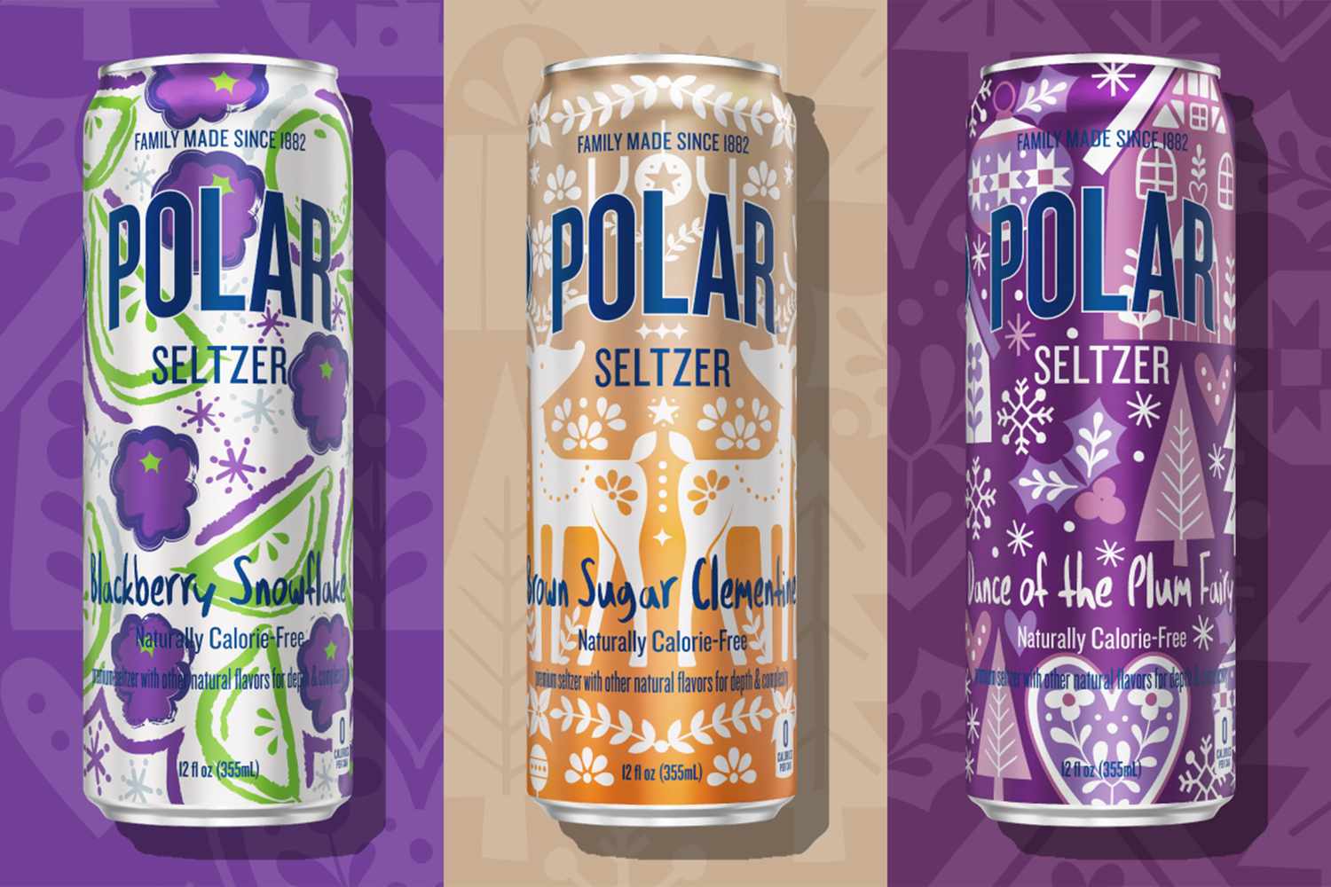 Three cans of Polar Seltzer featuring festive seasonal flavors displayed against patterned backgrounds
