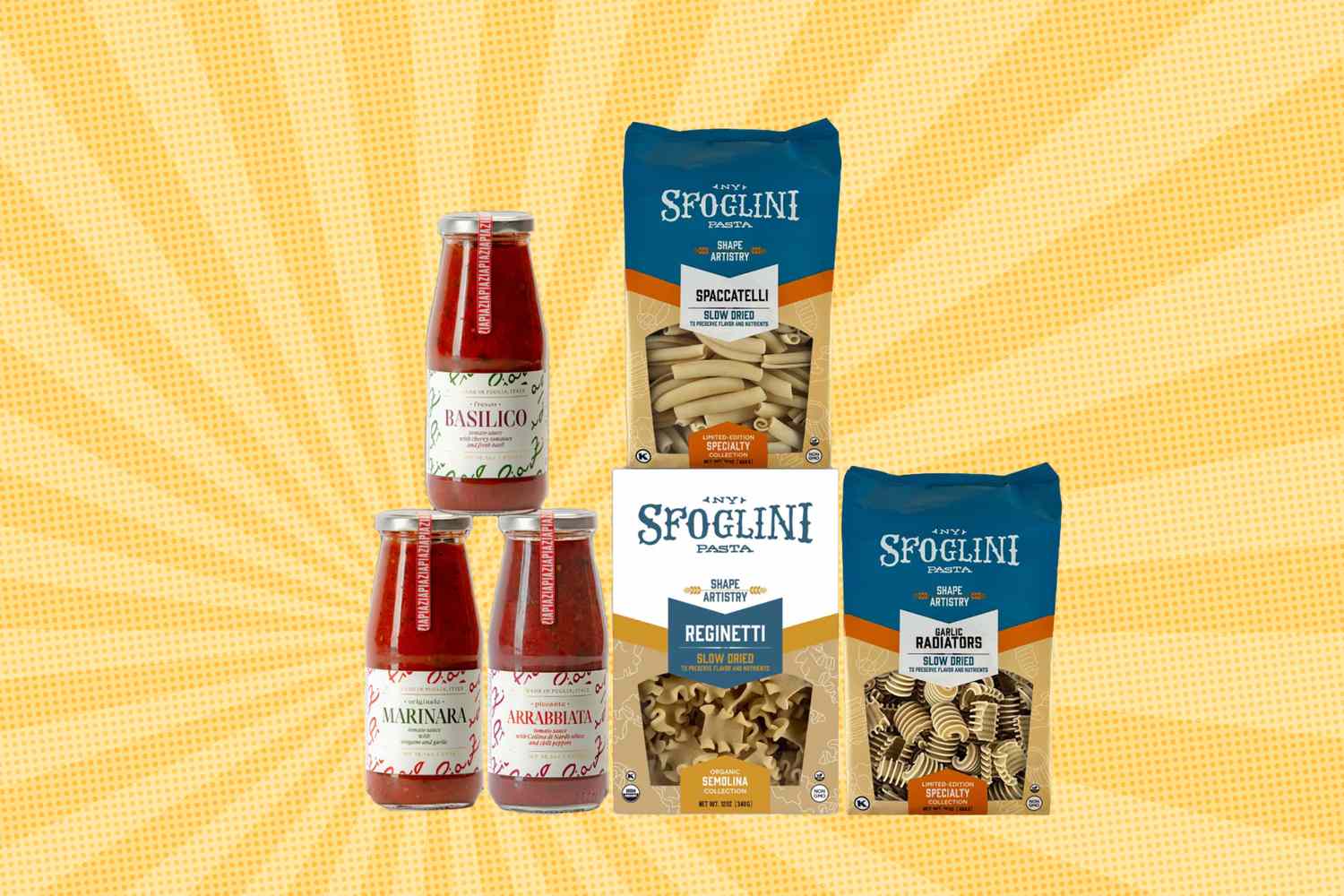 Four jars of marinara and basil sauces next to three bags of pasta products from the brand Sfoglini arranged on a yellow background
