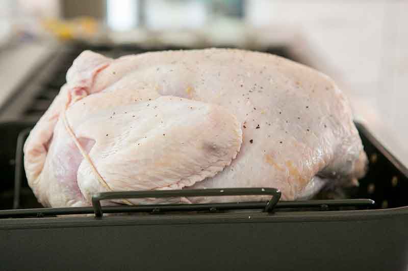 An uncooked turkey for a turkey recipe.