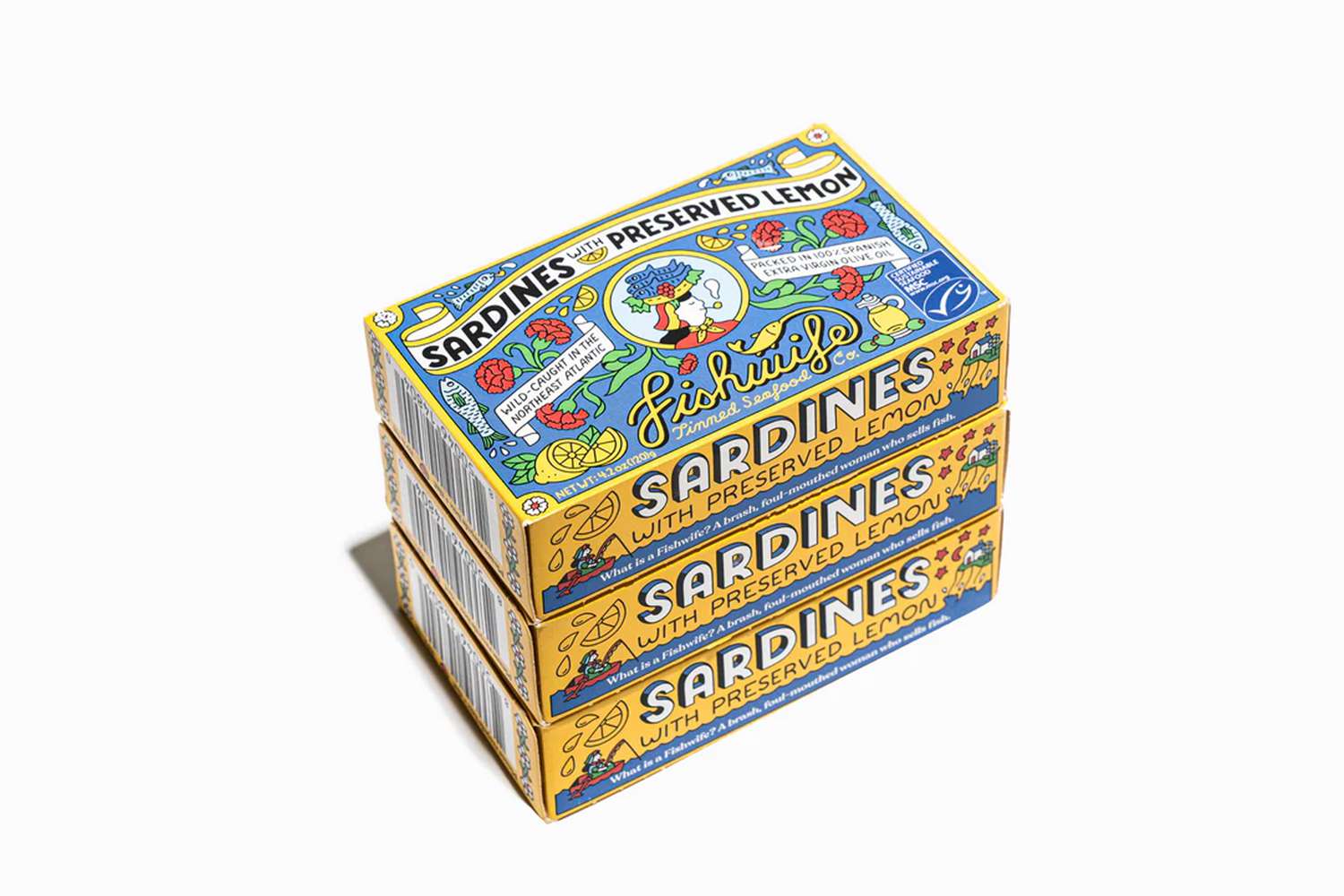Three tins of Fishwife's sardines stacked on top of eachother