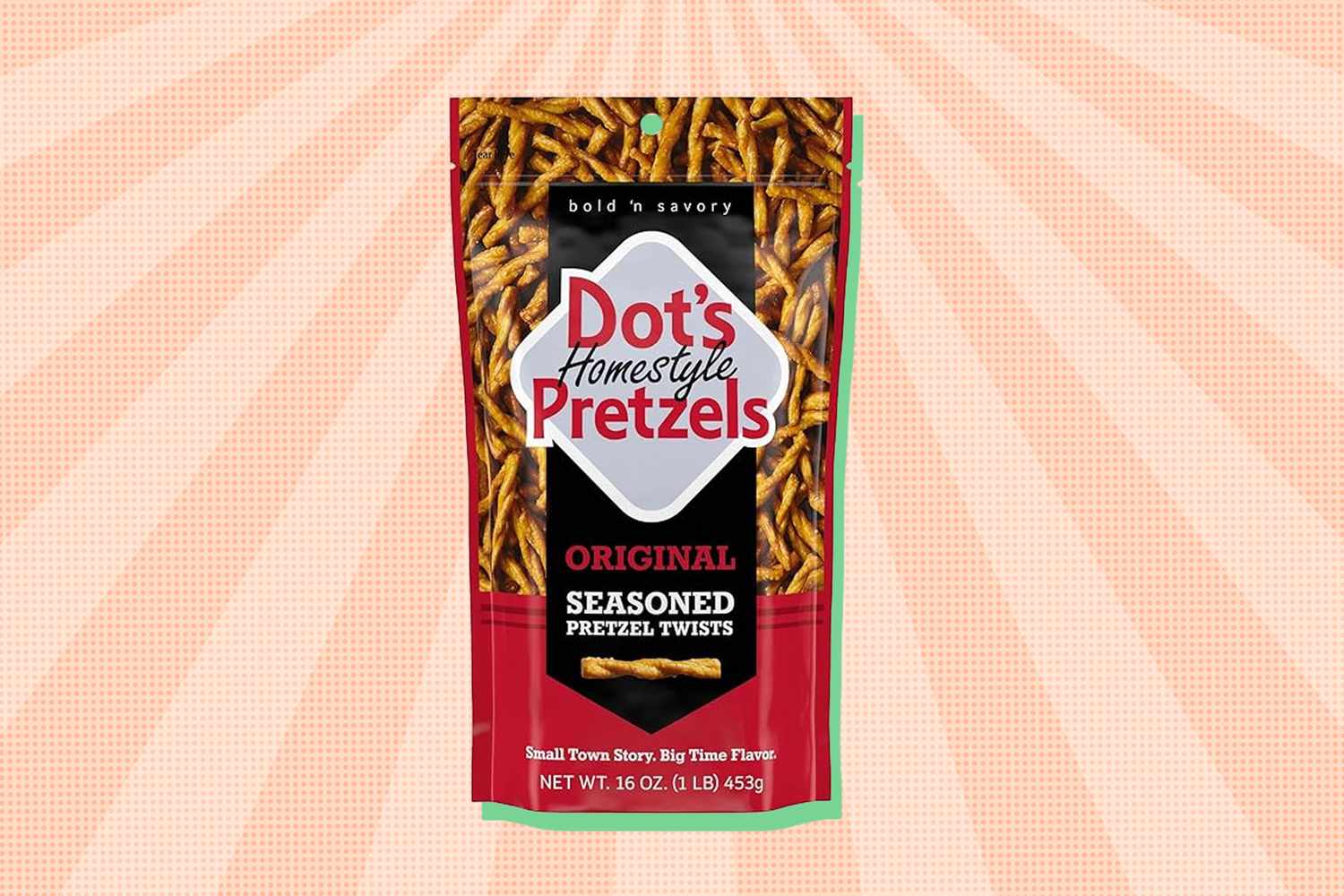 A package of Dots Homestyle Pretzels Original Seasoned Pretzel Twists on a light orange patterned background