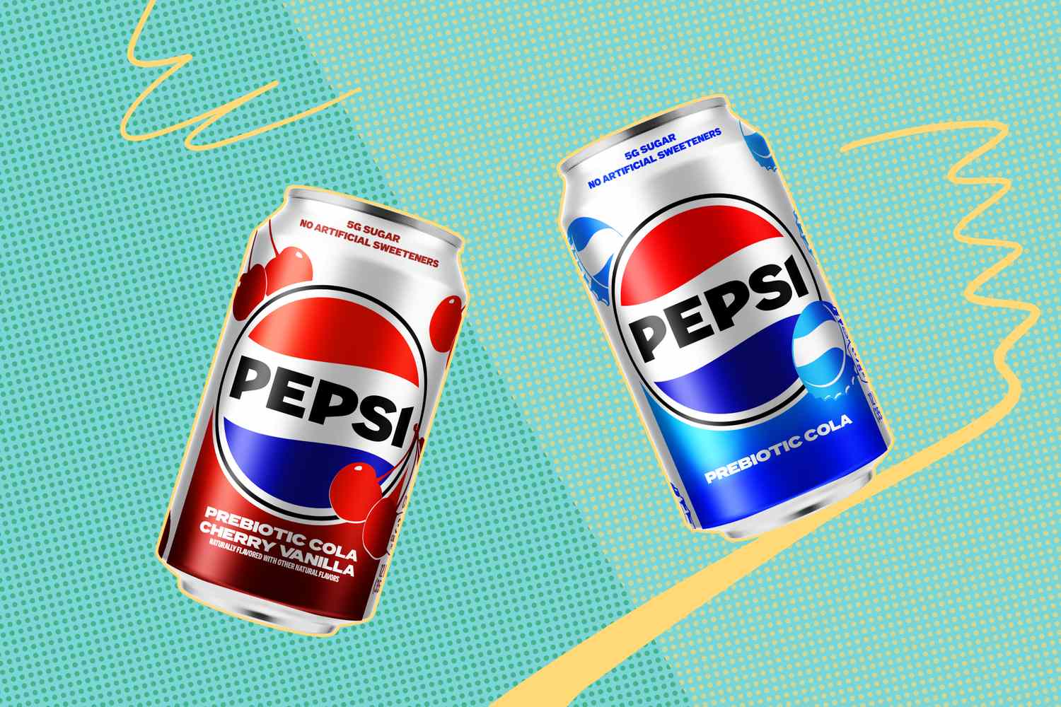Pepsi cans of prebiotic cola flavors cherry vanilla and standard