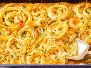 Tennessee Onions in a dish from above with a large spoon