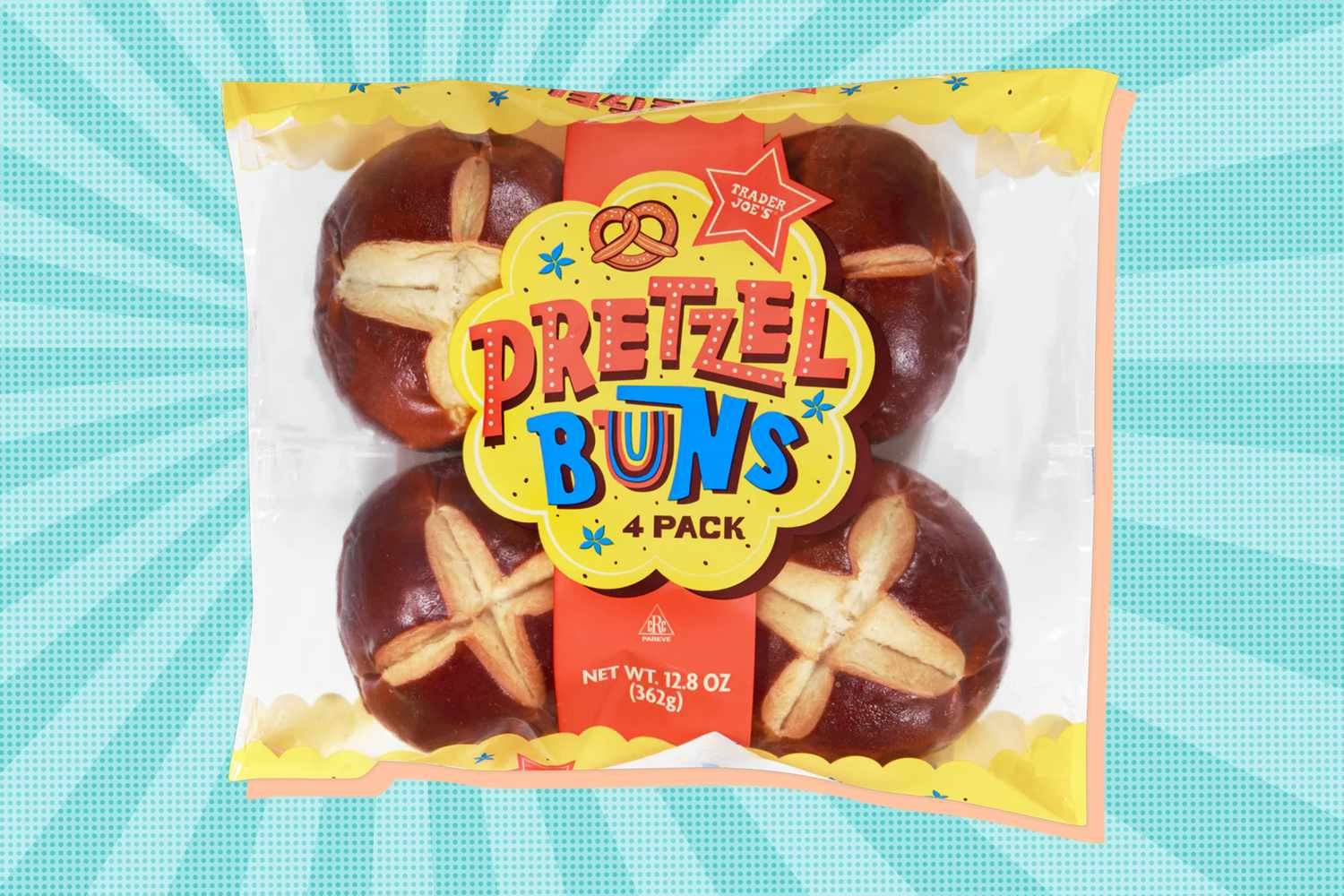 Trader Joe's Pretzel Buns 4-pack in packaging with bold labeling