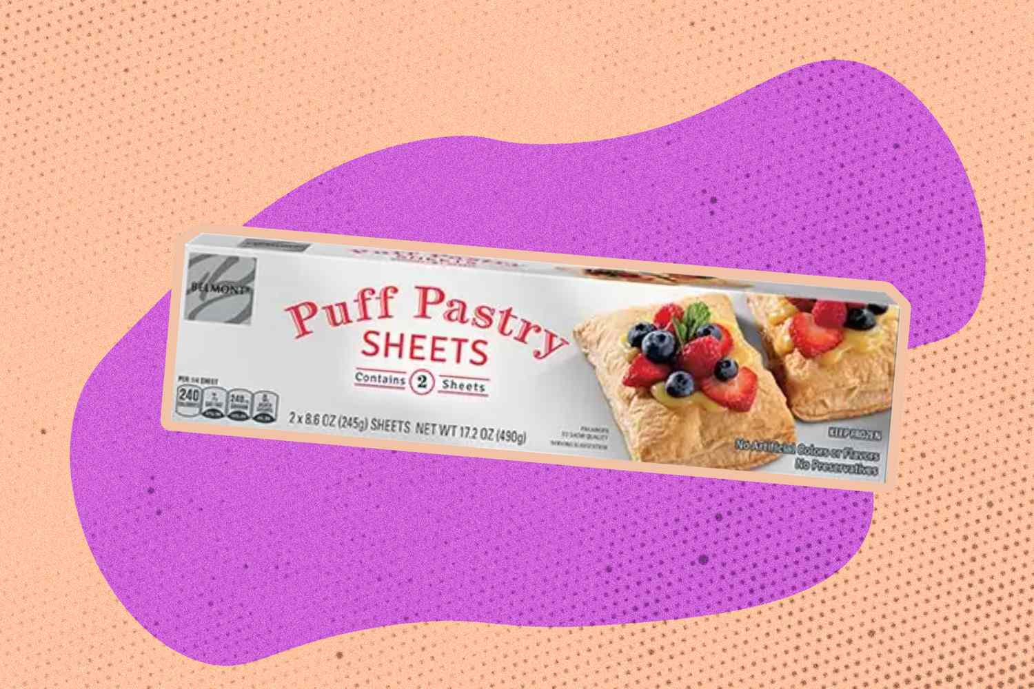A package of ALDI frozen puff pastry sheets on an illustrated background