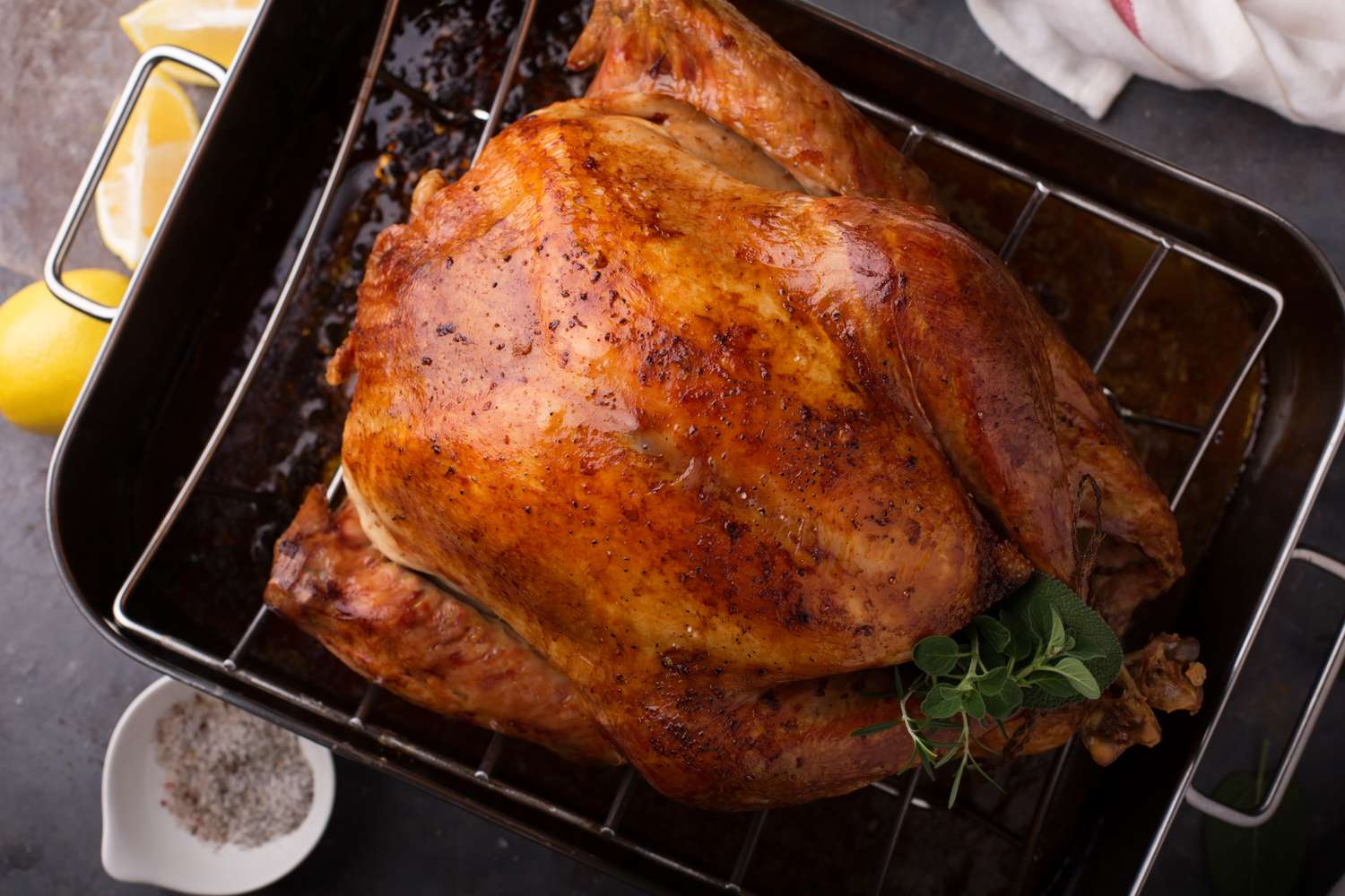 A roasted turkey in a roasting pan