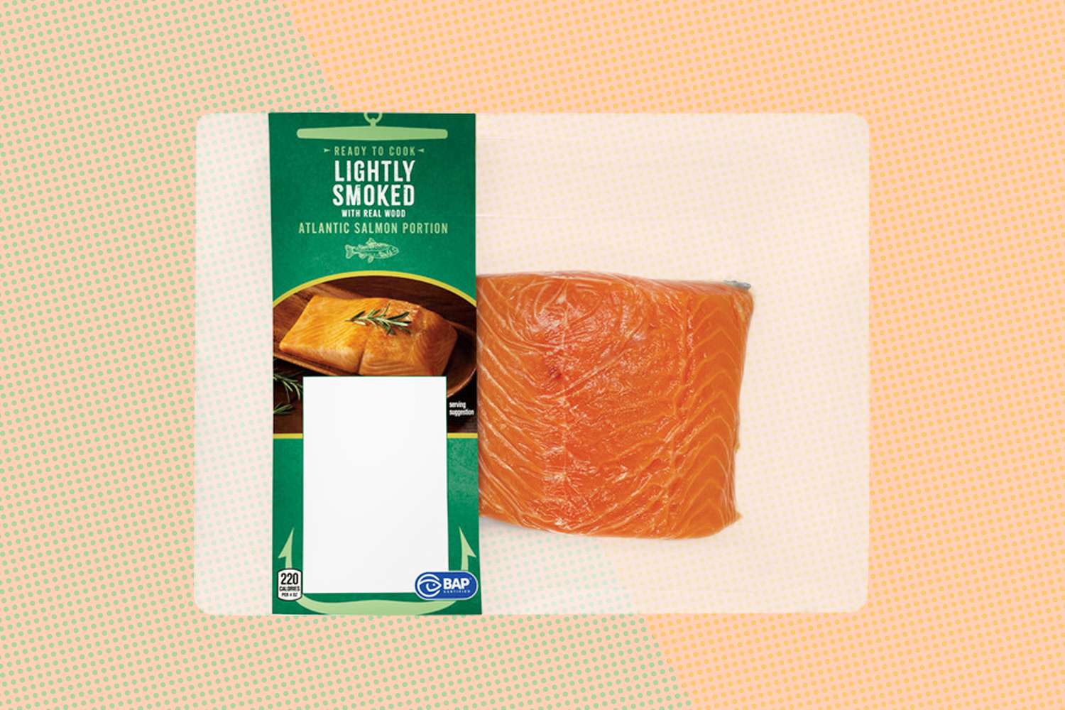 Package of Lightly Smoked Atlantic Salmon Portion from Aldi on an orange and green speckled background
