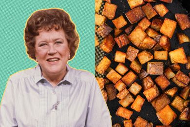 Julia Child, accompanied by diced potatoes on a background