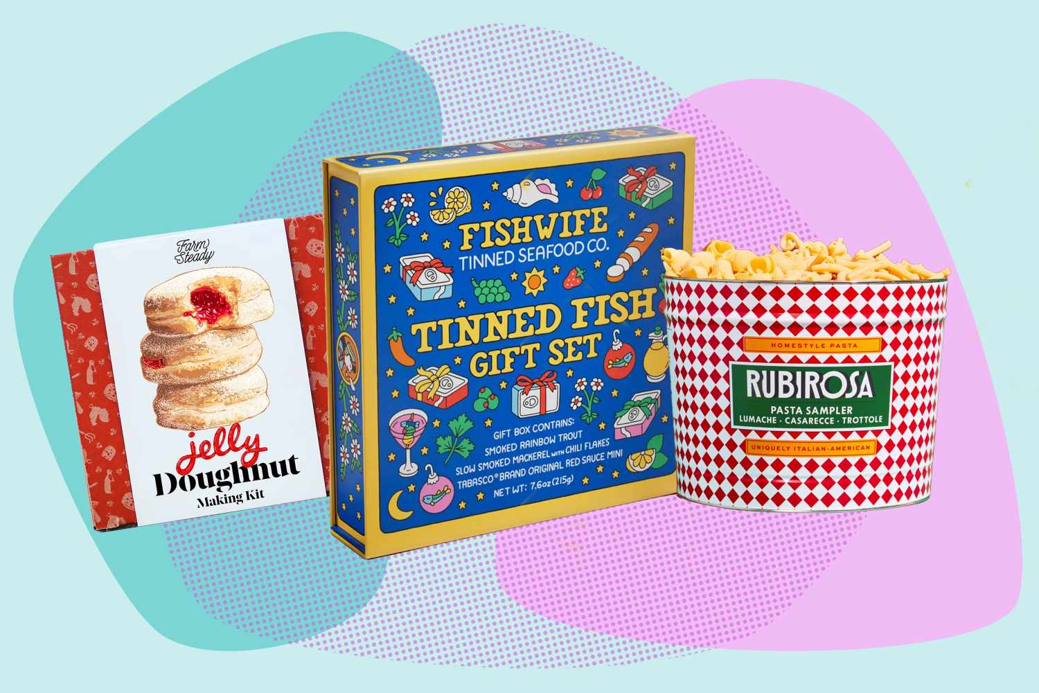 A donut making kit a tinned fish gift set and a pasta sampler on an abstract background