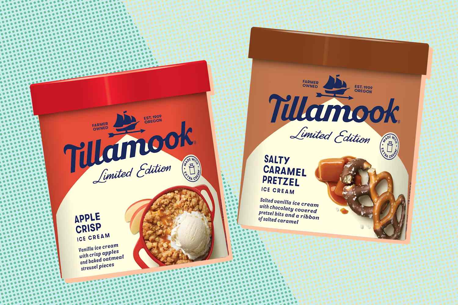 Tillamook Limited Edition ice cream containers, featuring Apple Crisp and Salty Caramel Pretzel flavors, side by side