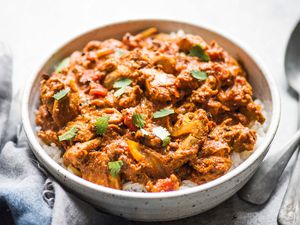 Easy chicken tikka masala served over basmati rice in bowl