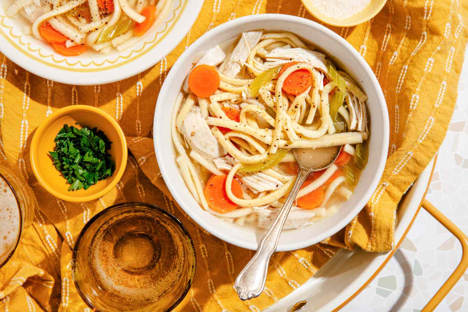 chicken and noodles in a bowl