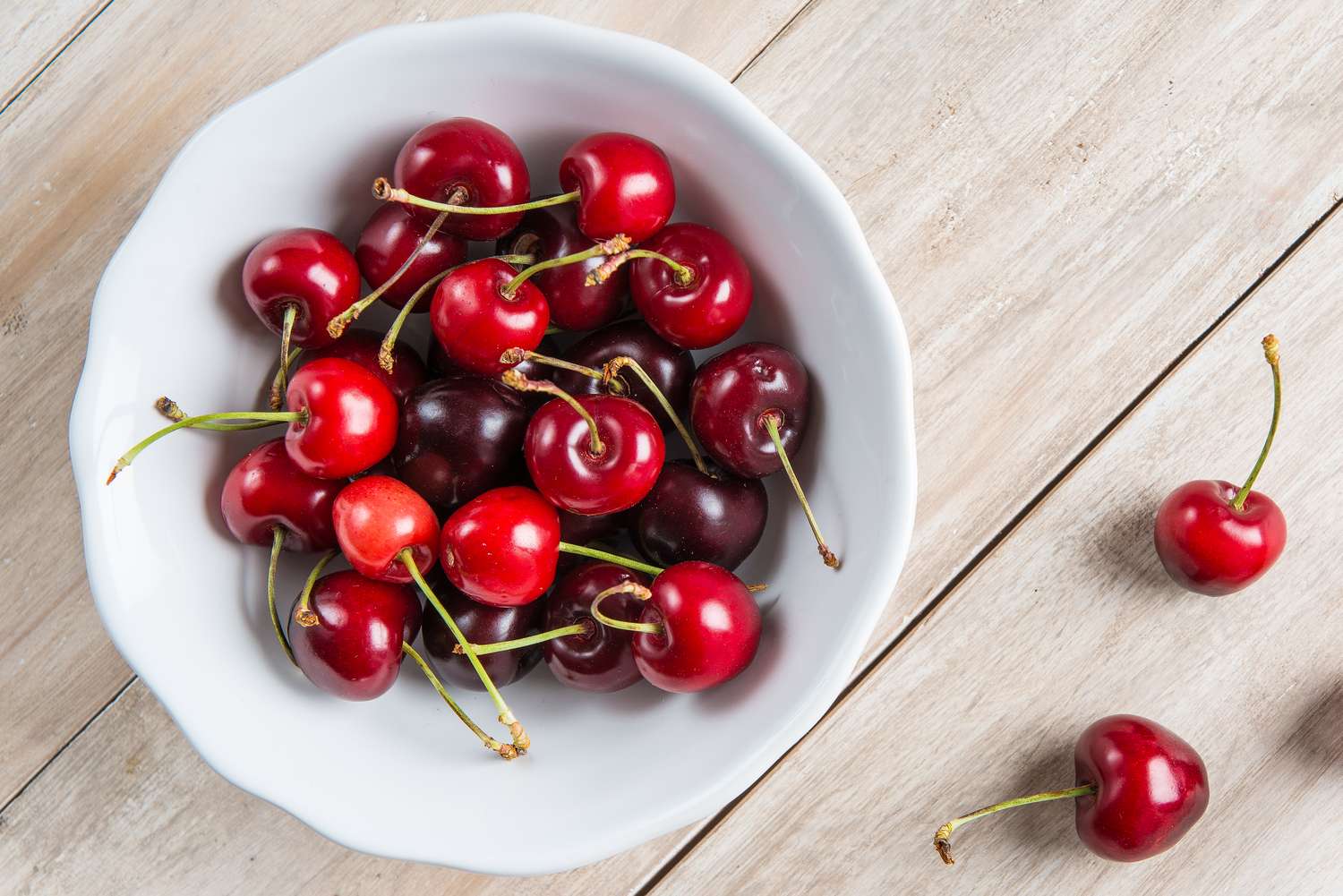 White bowl of fresh cherries on a wooden table