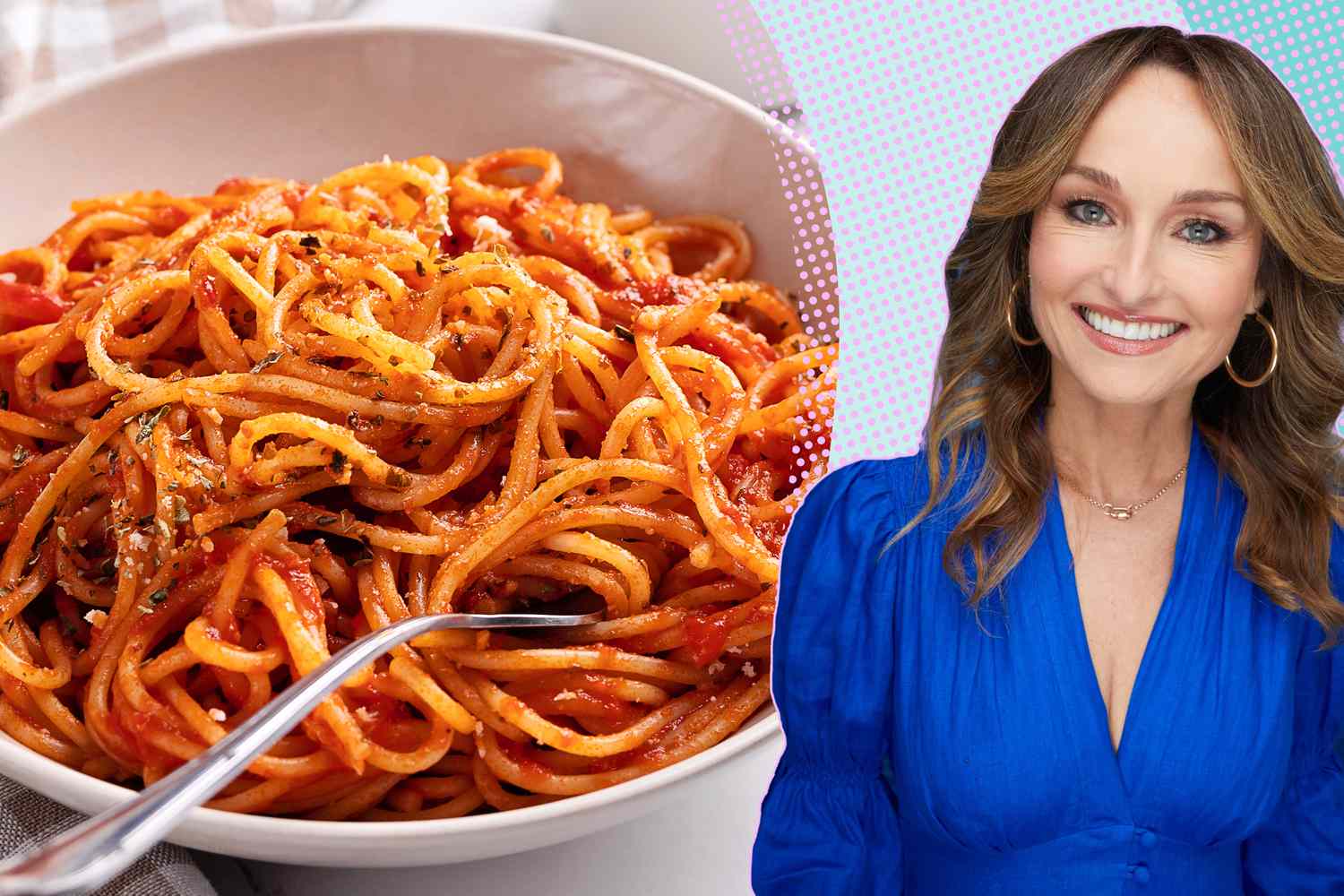 A split image of a bowl of spaghetti with tomato sauce and Giada Laurentiis