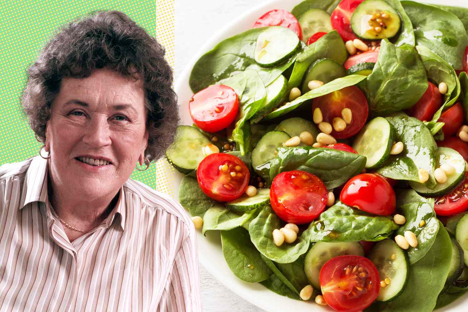 Julia Child and a photo of a spinach salad with cucumber and tomato