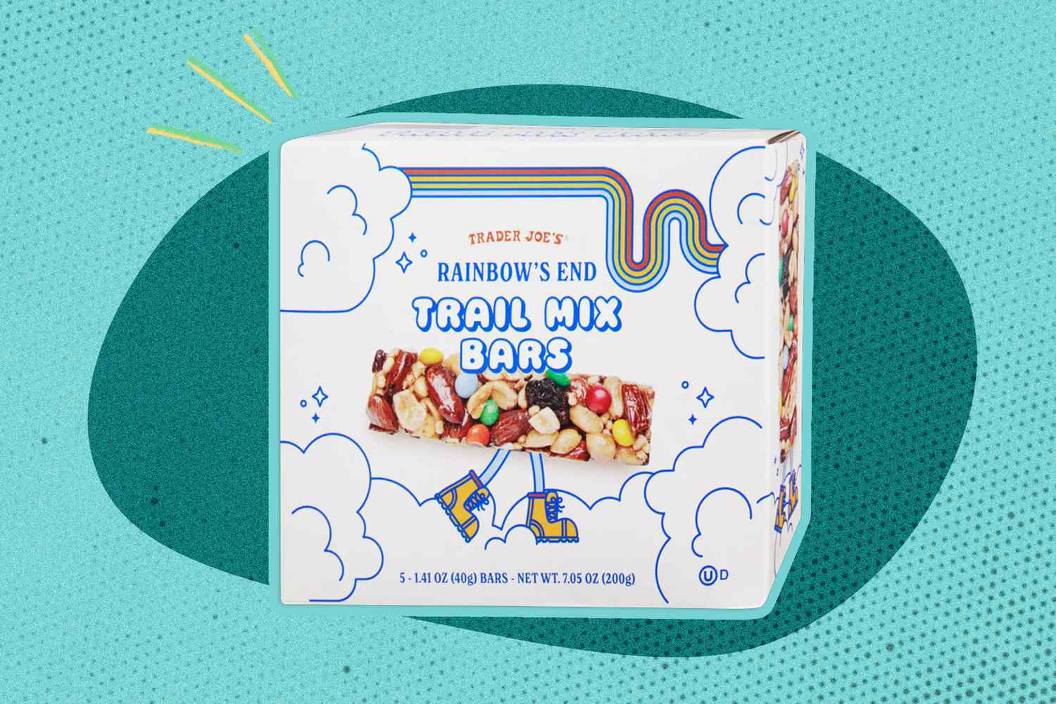 Box of Trader Joe's Rainbow's End Trail Mix Bar over a colorful background