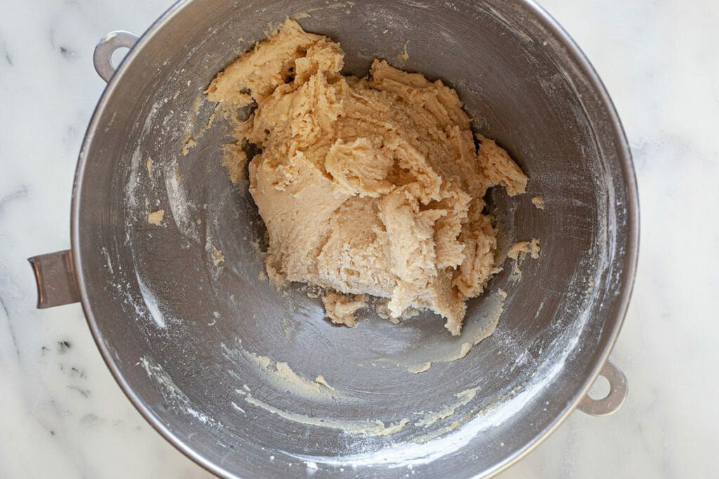 Dough for easy snickerdoodle recipe in a metal bowl.