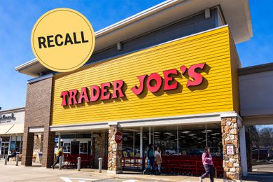Trader Joe's storefront with a recall graphic over top