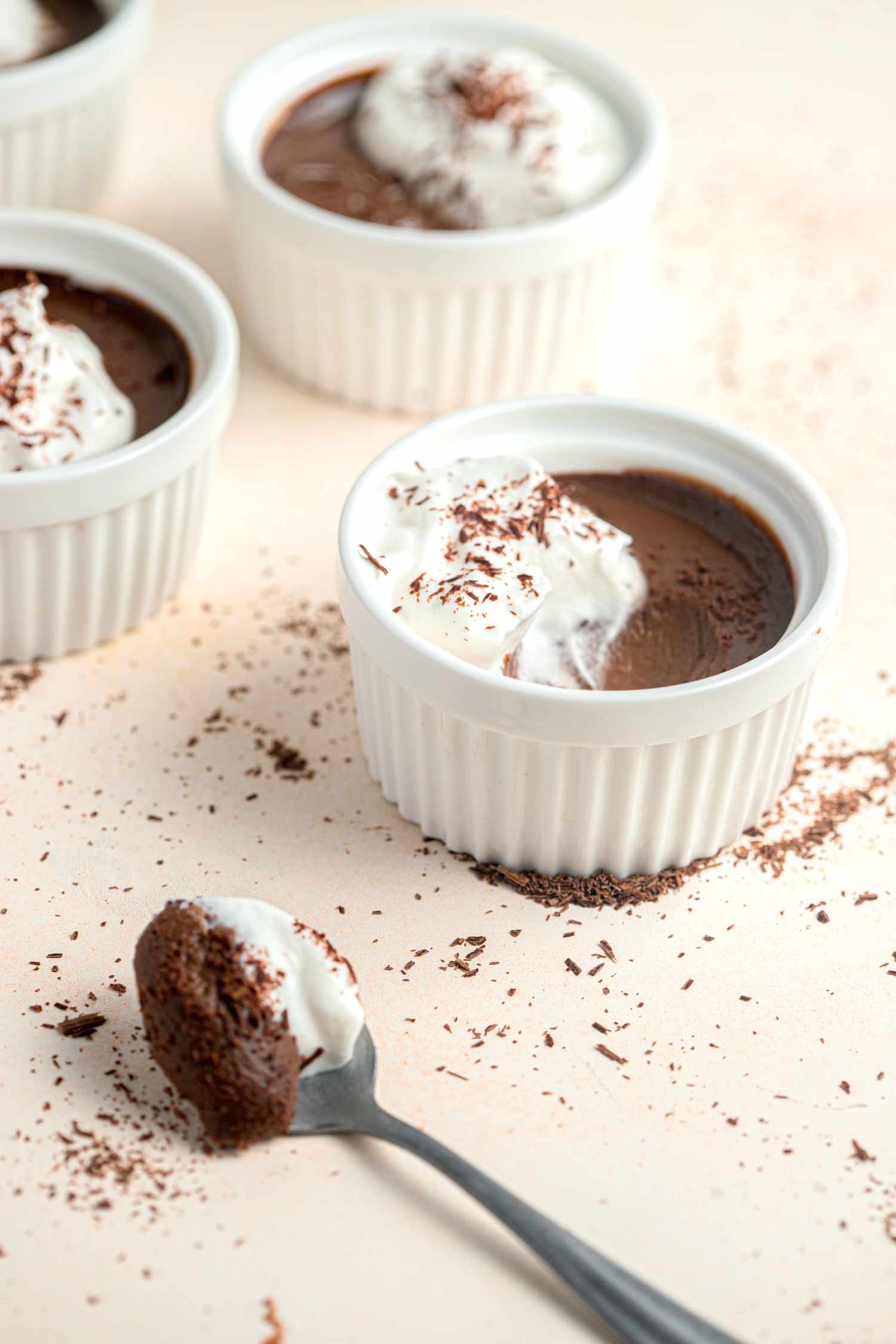 Chocolate Pots de Crème on a Spoon and in Ramekins 