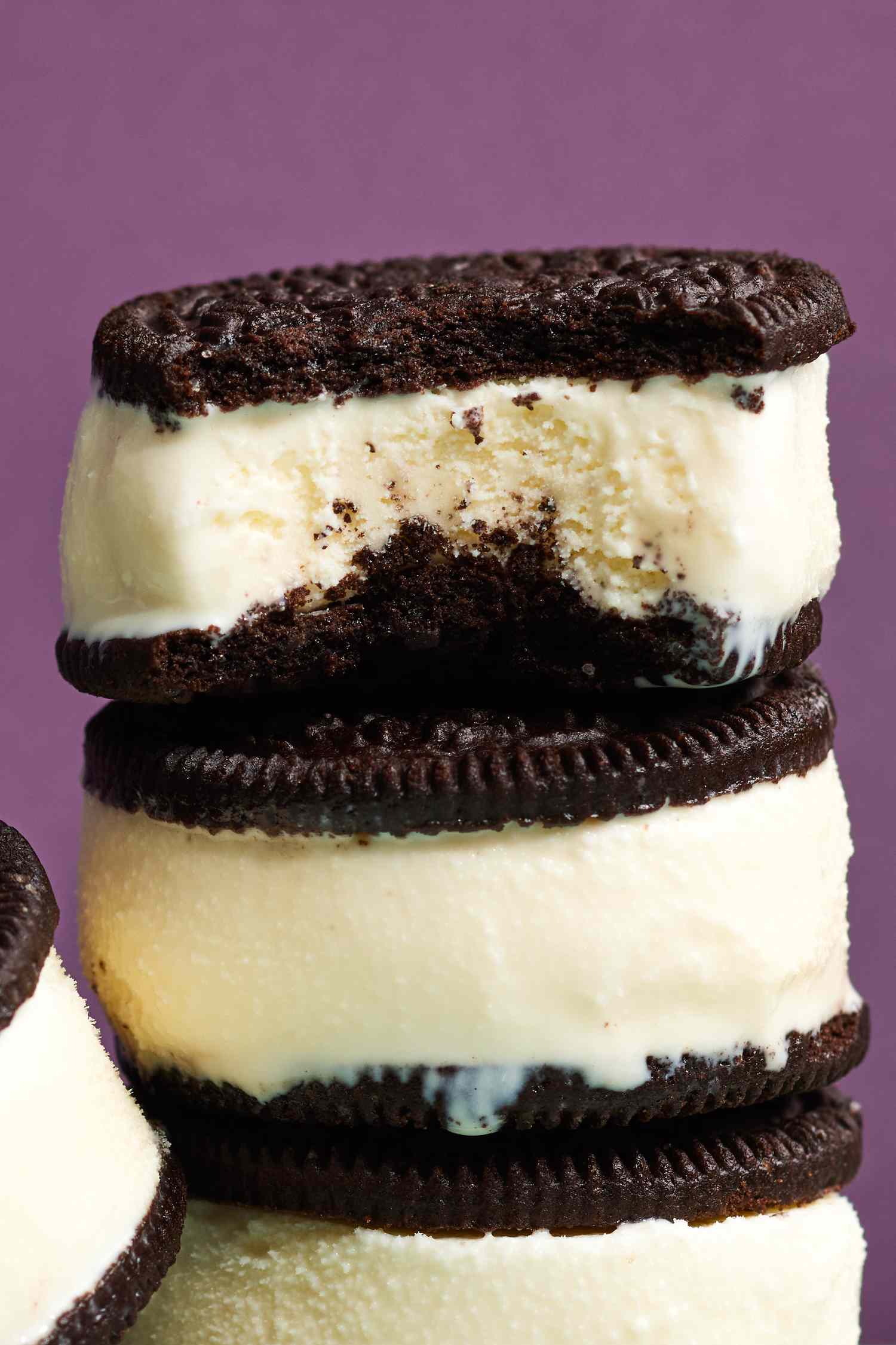 Stack of 2-Ingredient Ice Cream Sandwiches With the Top Ice Cream Sandwich Missing a Bite