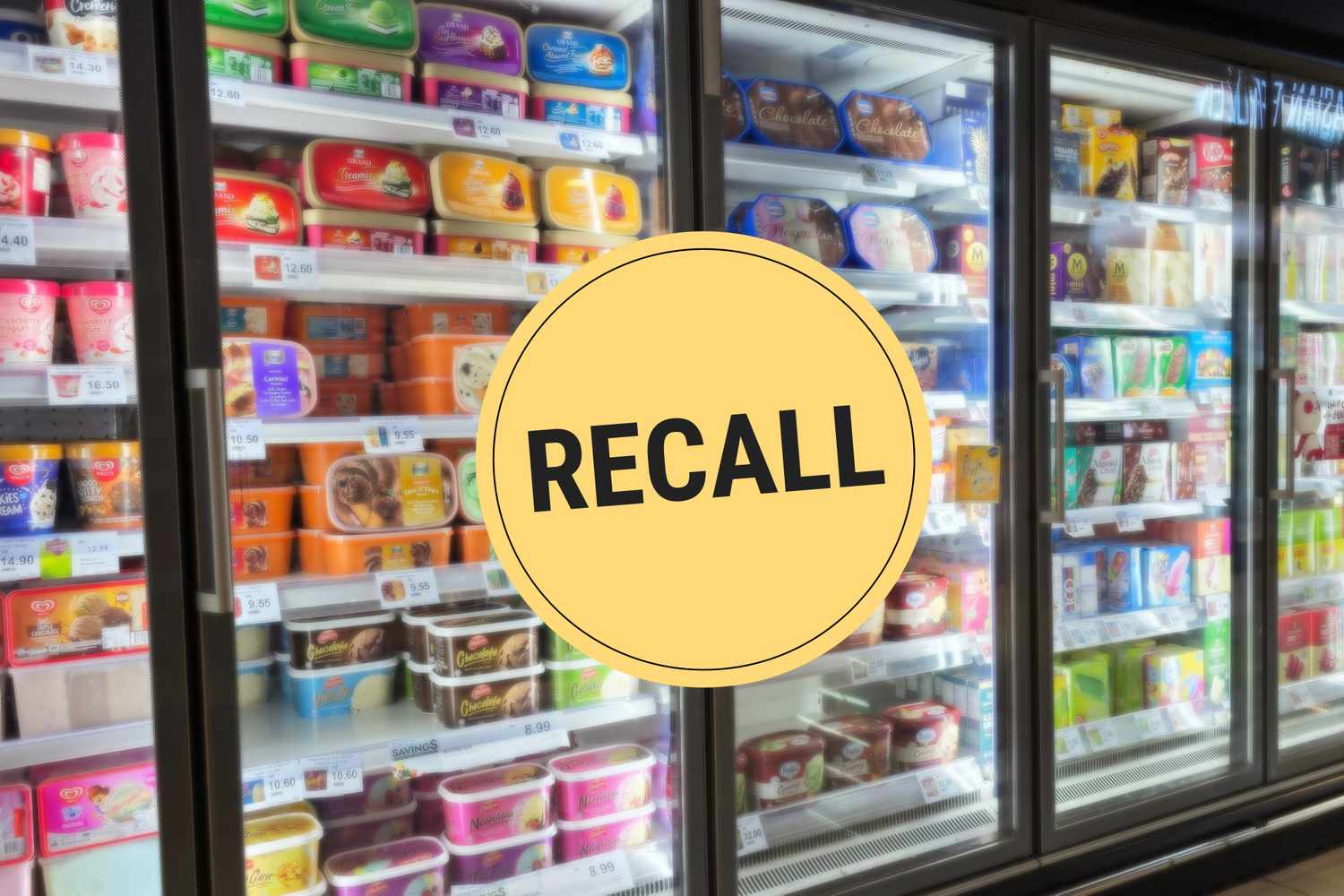 Supermarket freezer containing various ice cream products marked by a yellow circle with the word Recall over it