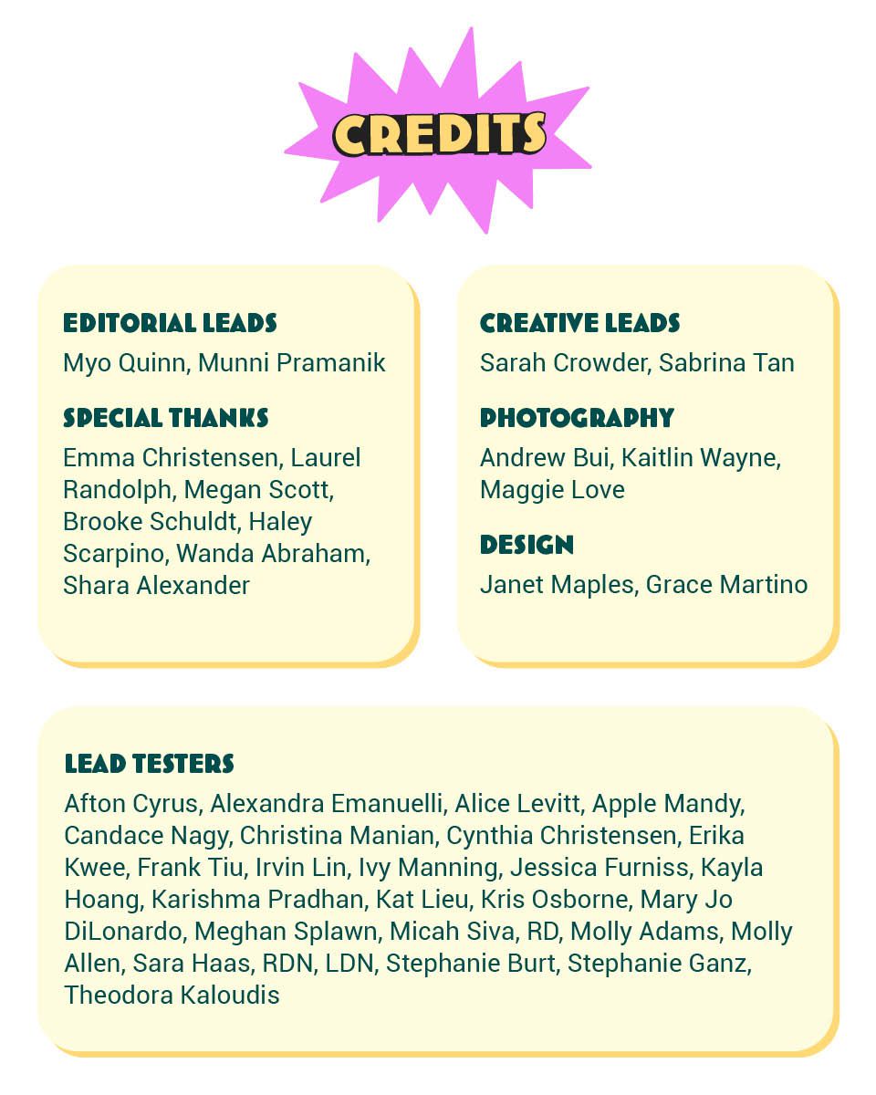 Credits block that reads: Editorial Leads: Myo Quinn, Munni Pramanik Creative Leads: Sarah Crowder, Sabrina Tab Photography and Styling: Andrew Bui, Kaitlin Wayne, Maggie Love Design: Janet Maples, Grace Martino Lead Testers: Afton Cyrus, Alexandra Emanuelli, Alice Levitt, Apple Mandy, Candace Nagy, Christina Manian, Cynthia Christensen, Erika Kwee, Frank Tiu, Irvin Lin, Ivy Manning, Jessica Furniss, Karishma Pradhan, Kat Lieu, Kayla Hoang, Kris Osborne, Mary Jo DiLonardo, Meghan Splawn, Micah Siva, RD, Molly Adams, Molly Allen, Sara Haas, RDN, LDN, Stephanie Burt, Stephanie Ganz, Theodora Kaloudis Special Thanks: Emma Christensen, Laurel Randolph, Megan Scott, Brooke Schuldt, Haley Scarpino, Wanda Abraham, Shara Alexander