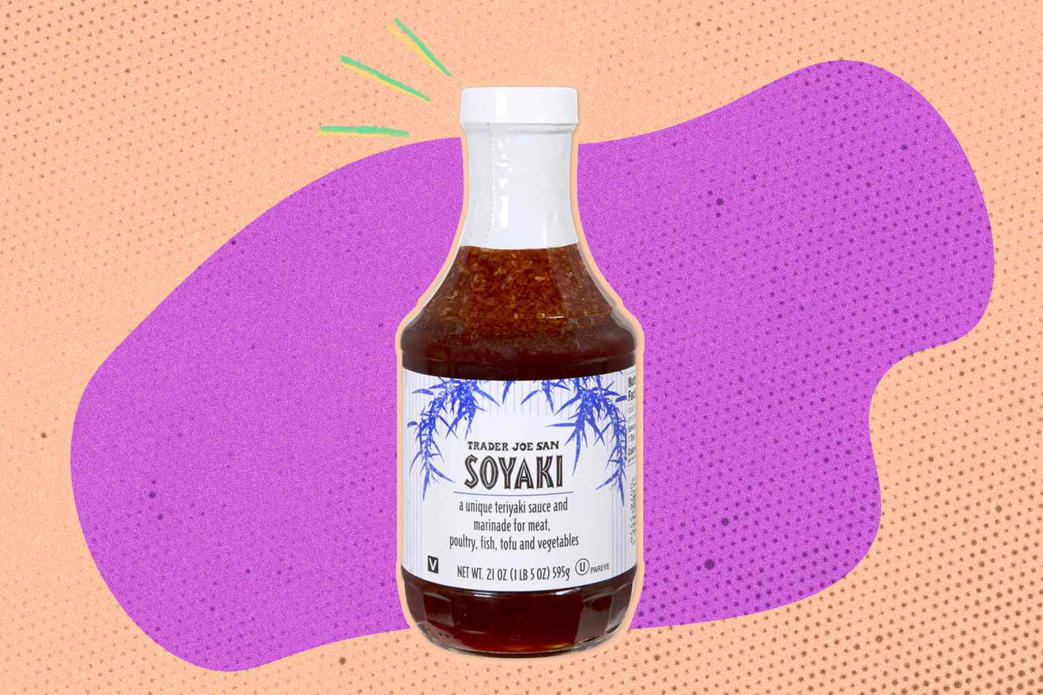 Trader Joe's Soyaki sauce bottle on a colorful graphic background.