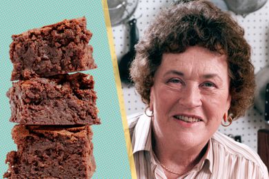 Julia Child photo next to a photo of her brownies (brownie pieces stacked) over a colorful background 