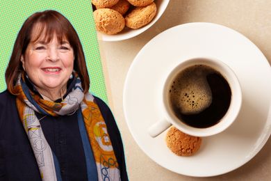 A split image of Ina Garten and a cup of coffee and cookies
