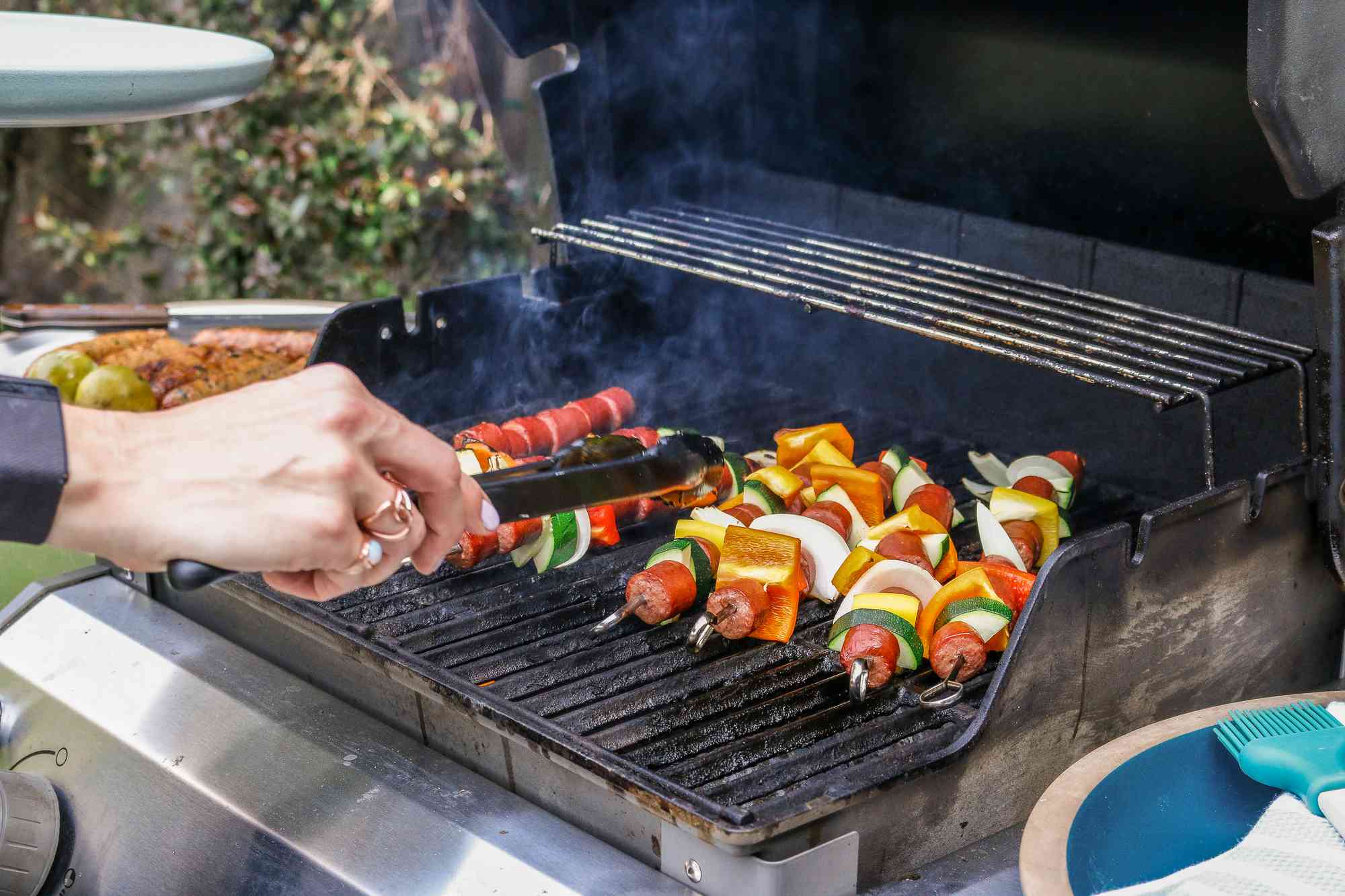 Meat and vegetable skewers on the grill
