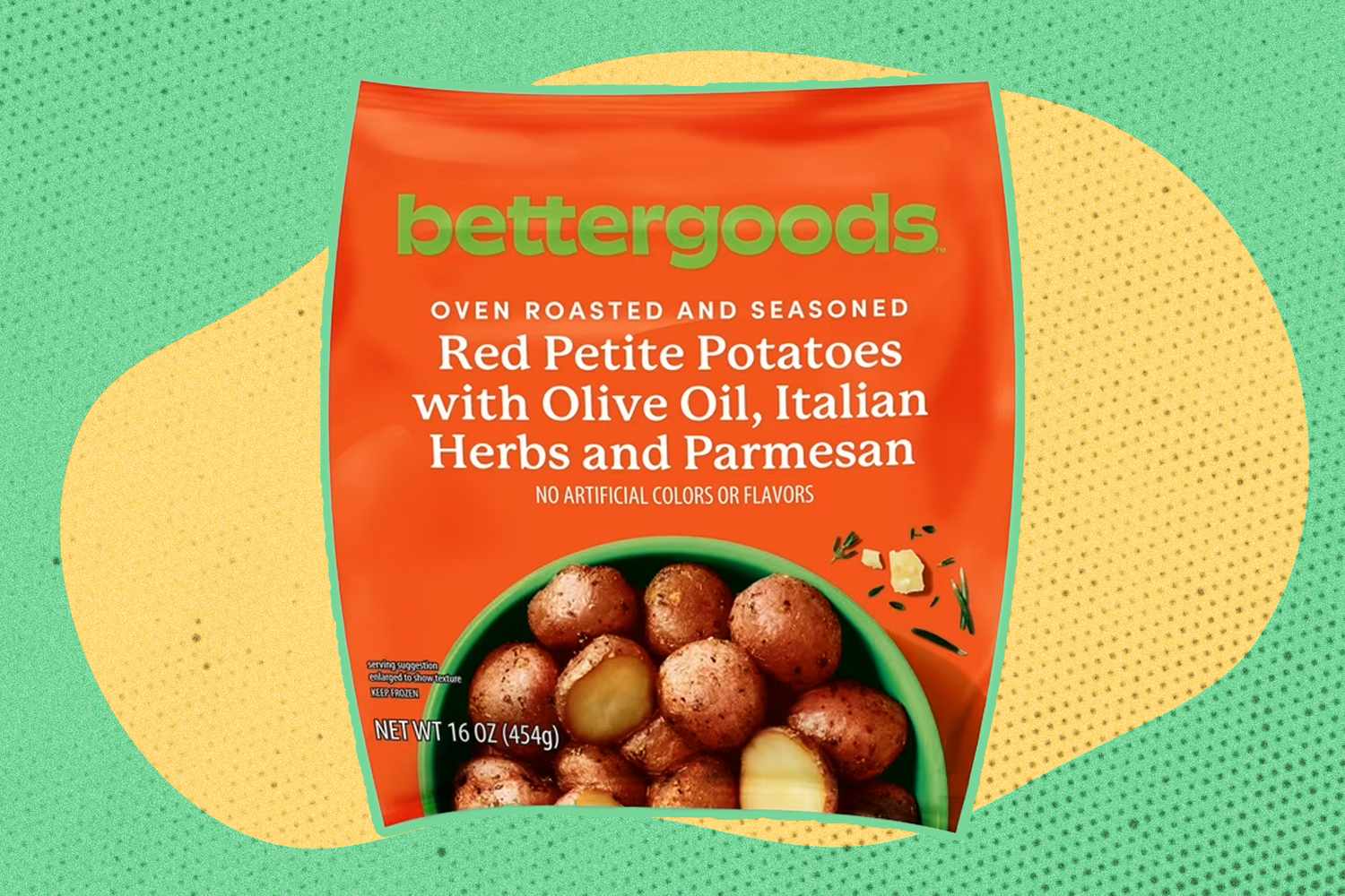 A bag of Walmart's Bettergoods Roasted and Seasoned Red Petite Potatoes on an illustrated yellow and green background