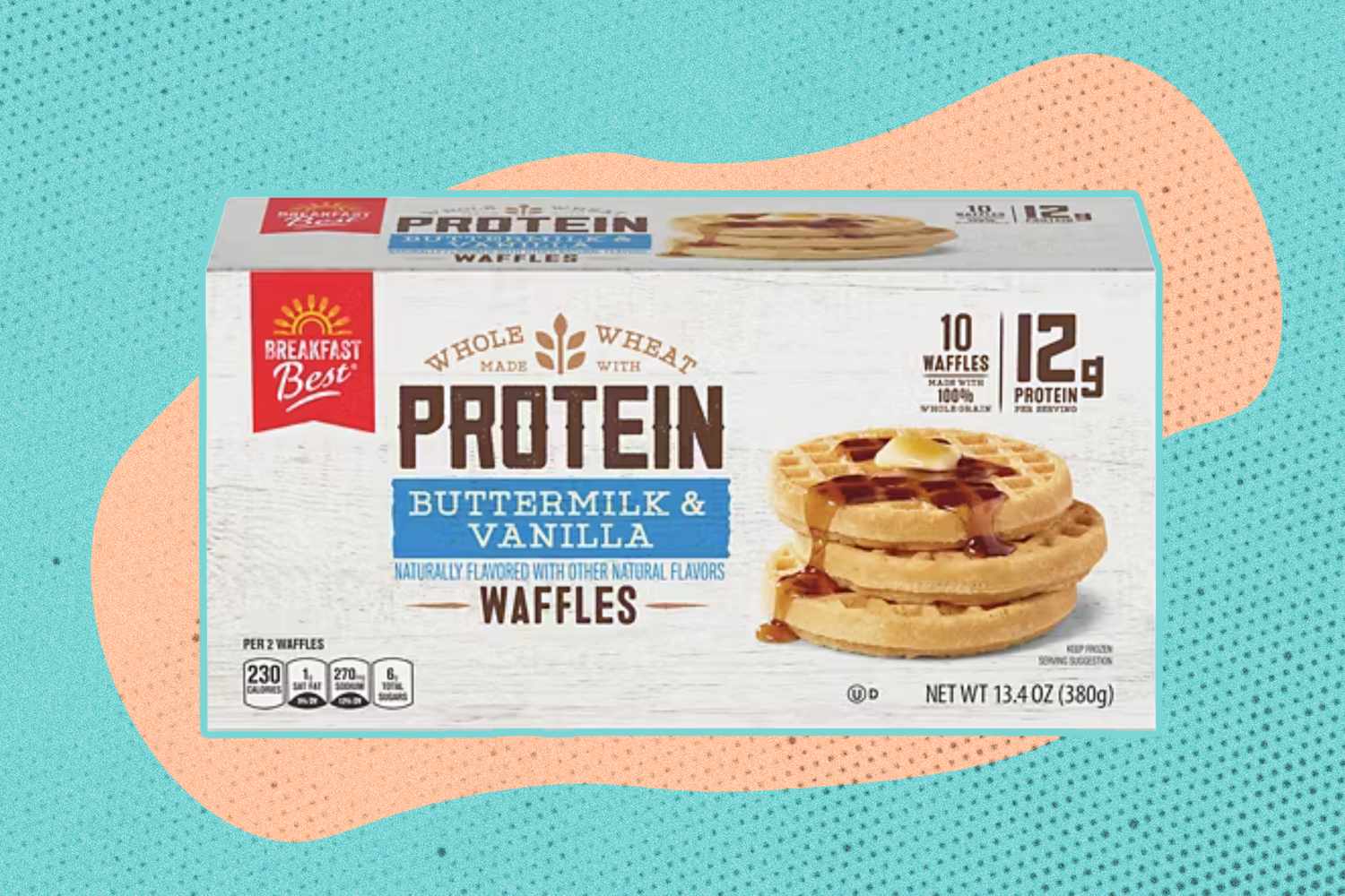 A package of Breakfast Best protein waffles labeled buttermilk and vanilla
