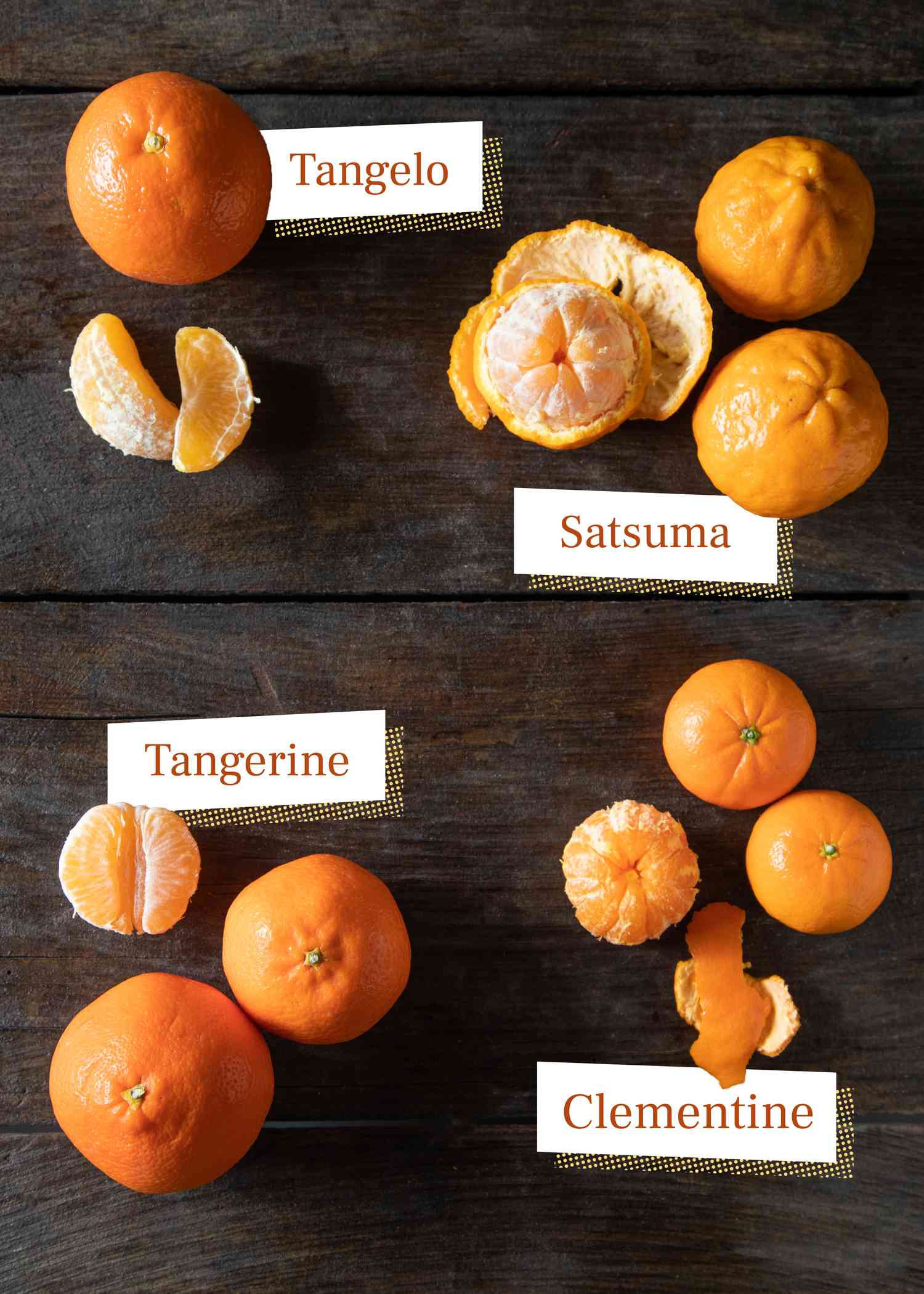 Mandarin varieties, tangelo, satsuma, tangerine, clementine on dark background