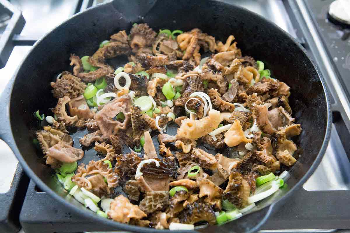 Saute the morels with green garlic in butter and olive oil