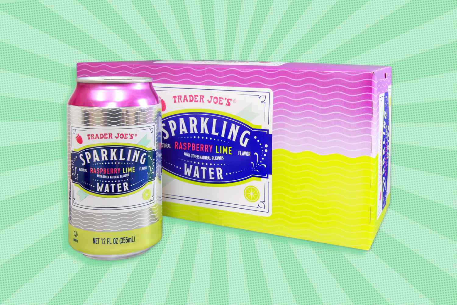  A can of Trader Joe's Raspberry Lime Sparkling Water in front of a full box all on a green striped and speckled background