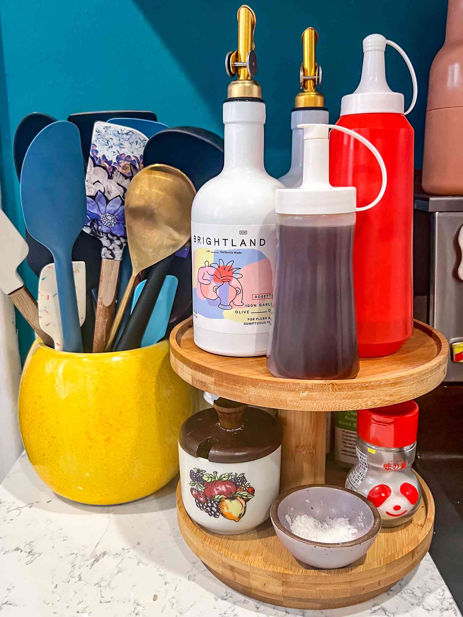 Oil on lazy Susan next to stovetop 
