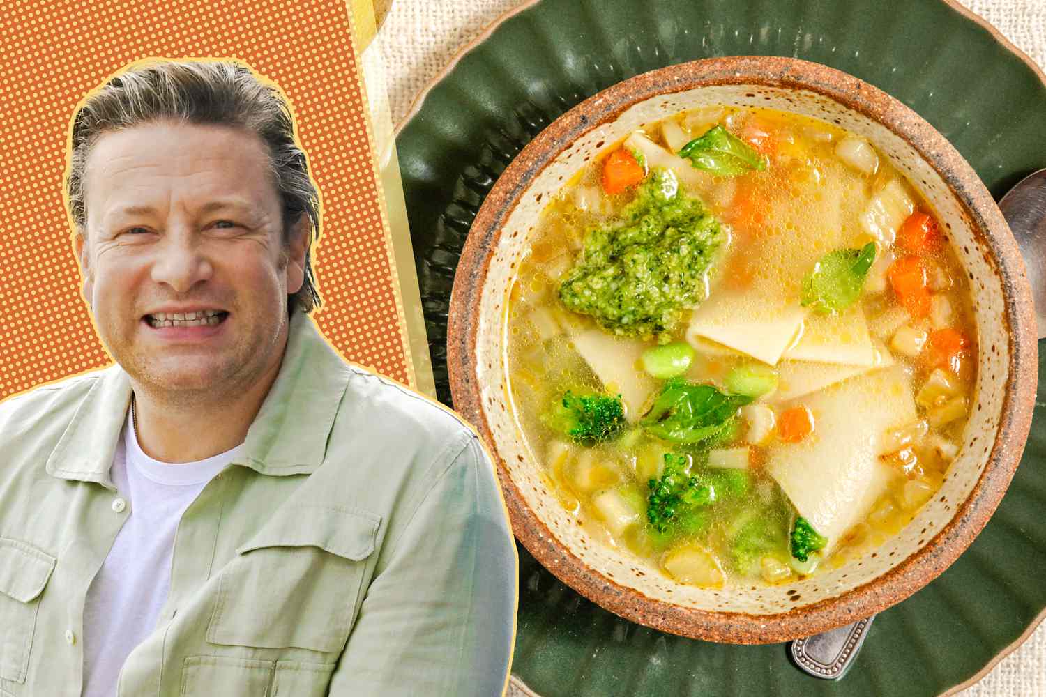 A split image of Jamie Oliver and a bowl of his "freezer raid" vegetable soup recipe