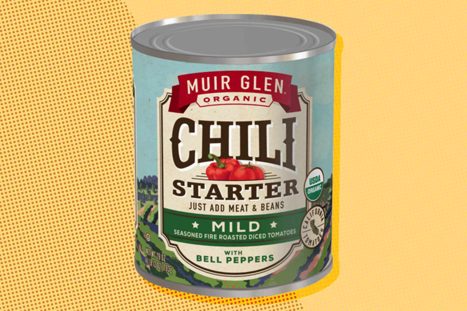 A can of Muir Glen chili starter on a yellow illustrated background
