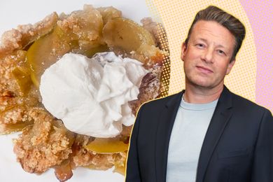 A split image of a plate of apple crumble with whipped topping and Jamie Oliver