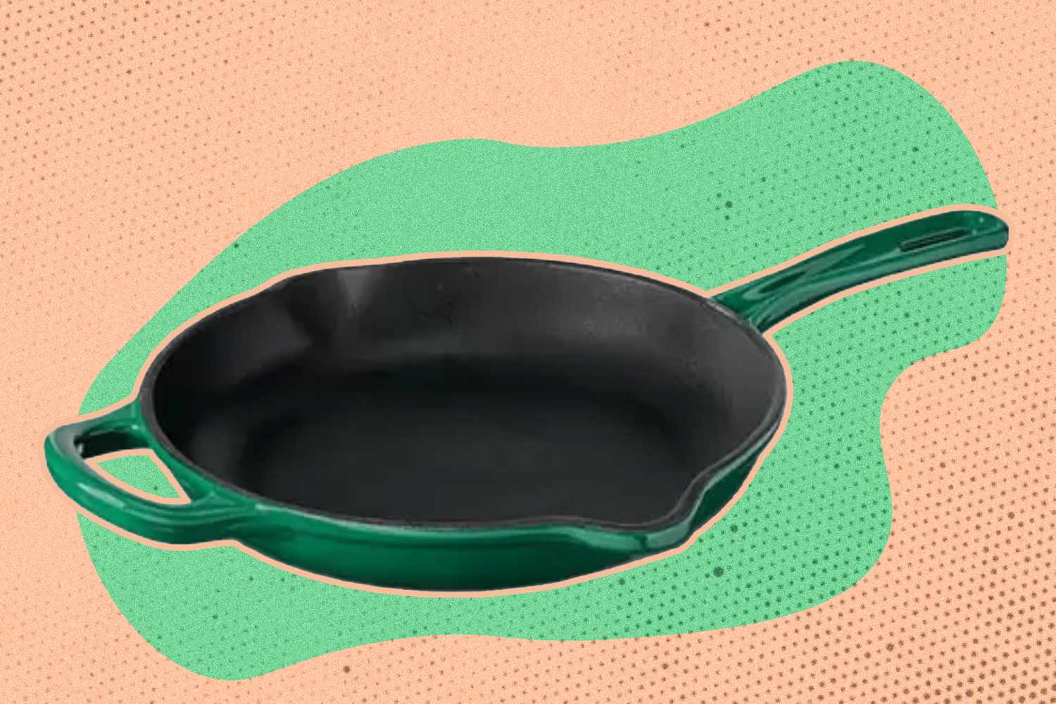 Green enamel cast iron skillet on a graphic background