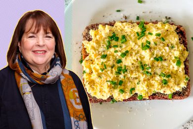A split image of Ina Garten and a toast slice topped with egg salad